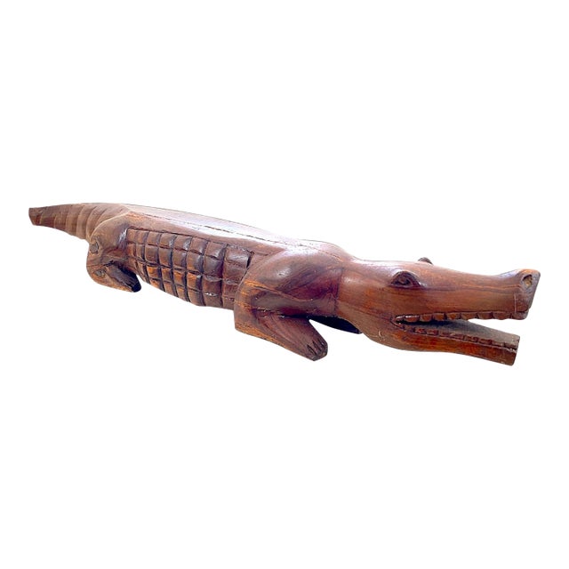 Extraordinary3.5 Foot Hand Sculpted Tribal Style Wooden Alligator Statue For Sale