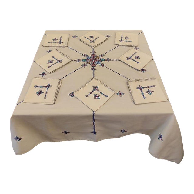 Handcrafted Moroccan Tablecloth With Multicolored Embroideries - Includes 12 Napkins For Sale