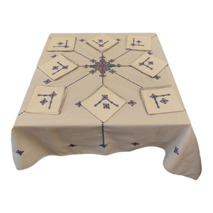 Handcrafted Moroccan Tablecloth With Multicolored Embroideries - Includes 12 Napkins
