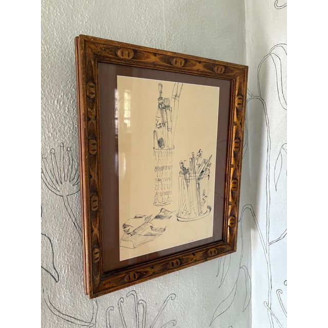 Wood 1970s Ink Drawing Still Life of Artist Items in Vintage Frame For Sale - Image 7 of 7