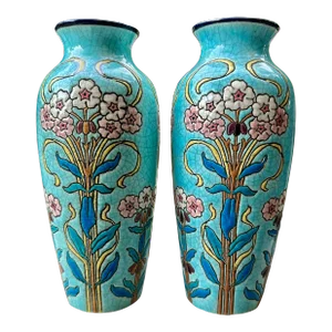 Antique Pair of French Art Nouveau Majolica Vases by Longwy – Circa 1890