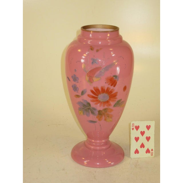 Late 19th Century Vase Victorian Pink Cased Glass with Hand Painted Enamel Bird & Flowers For Sale - Image 4 of 12