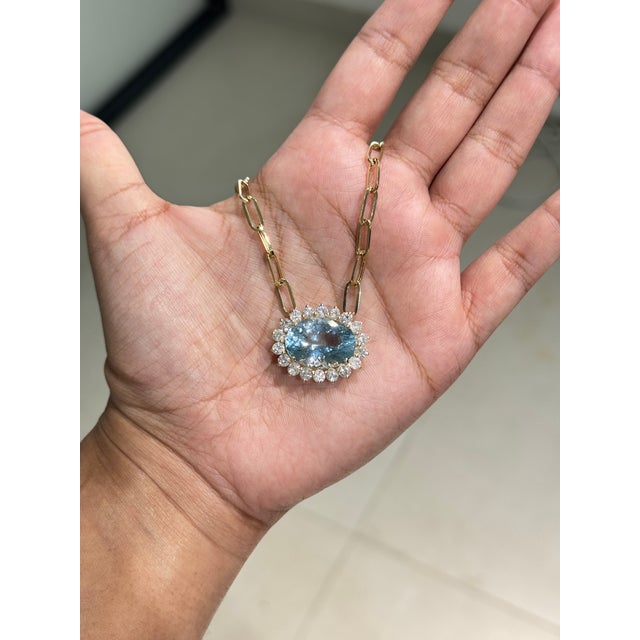 Art Deco Authentic 10.32ct Aquamarine 1.95ct Diamond Halo Pendant Necklace in 14k Yellow Gold For Sale - Image 3 of 16