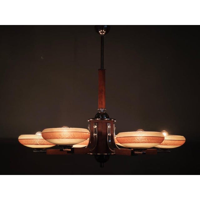 Large Art Deco Wood and Glass Six-Light Chandelier in Chrome, 1930s For Sale - Image 15 of 16