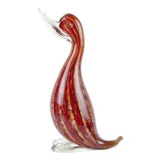 Vintage Murano Sommerso Red Bands Silver Leaf Italian Art Glass Duck Bird Figurine Sculpture For Sale