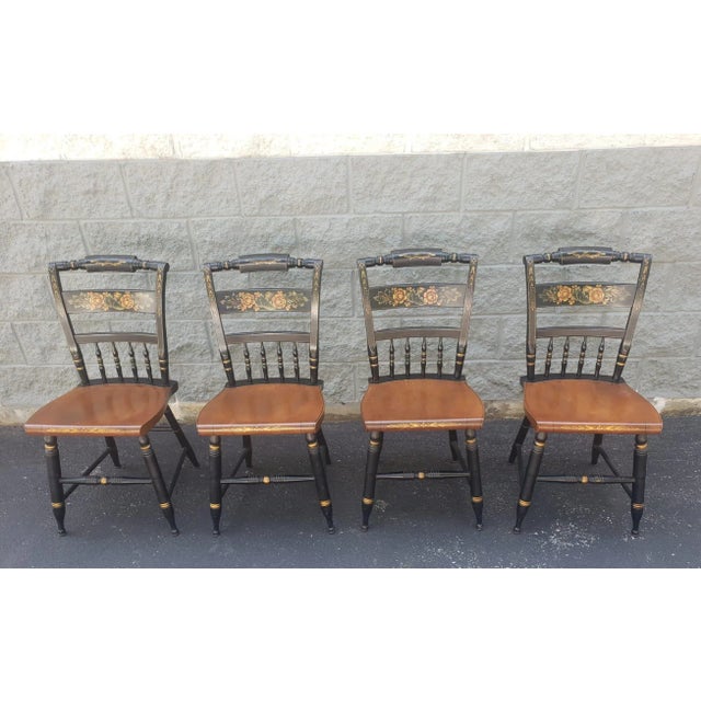 Pair of Lambert Hitchcock Ebonized and Gilt Ornate Maple Dining Chairs For Sale - Image 9 of 9