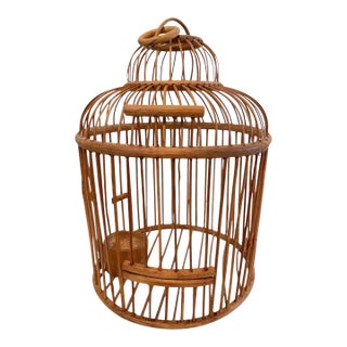 Vintage Asian Round Bird Cage Bamboo & Carved Wood Hanging or Tabletop For Sale