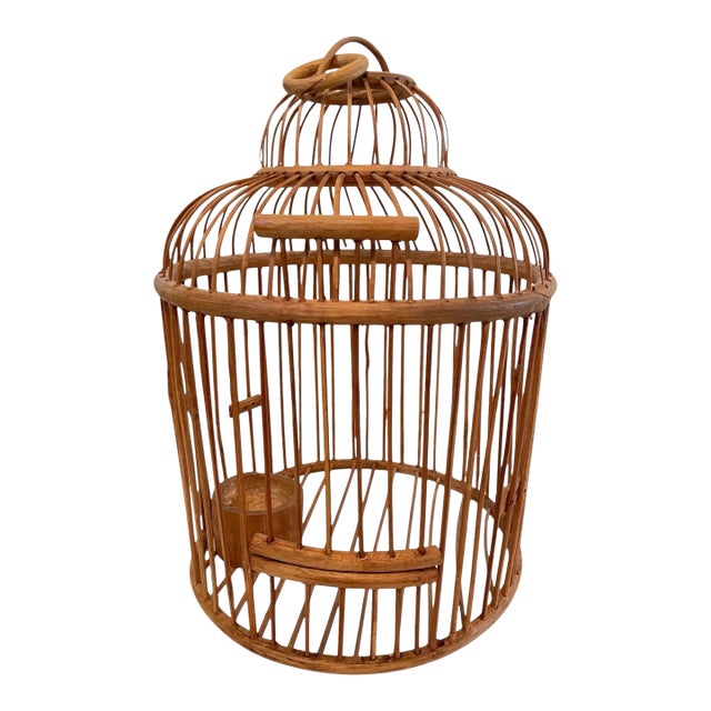 Vintage Asian Round Bird Cage Bamboo & Carved Wood Hanging or Tabletop For Sale