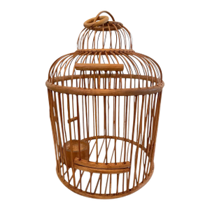 Vintage Asian Round Bird Cage Bamboo & Carved Wood Hanging or Tabletop