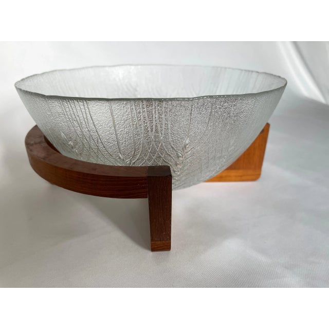 Mid-Century Modern 1960s Danish Glass Salad Serving Bowl on Curved Teak Wood Stand For Sale - Image 3 of 11