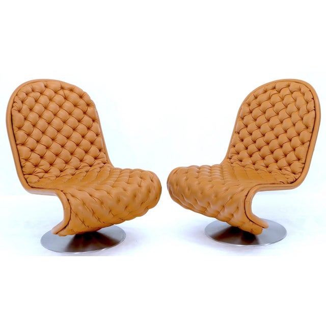 Pair of Mid 20th Century Documented Verner Panton Tan Tufted Leather 123 Lounge Chairs For Sale - Image 11 of 12