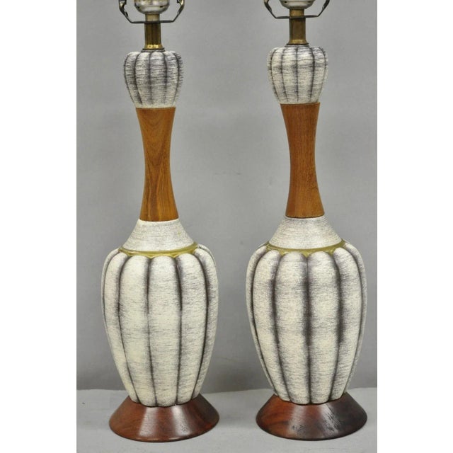 Mid-Century Modern Vintage Mid Century Modern Walnut & Ceramic Small Sculptural Table Lamps - Pair For Sale - Image 3 of 12