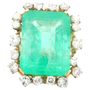 Vintage 1960s 14K Yellow Gold Colombian Emerald Diamond Cocktail Ring, 36.42 Ct