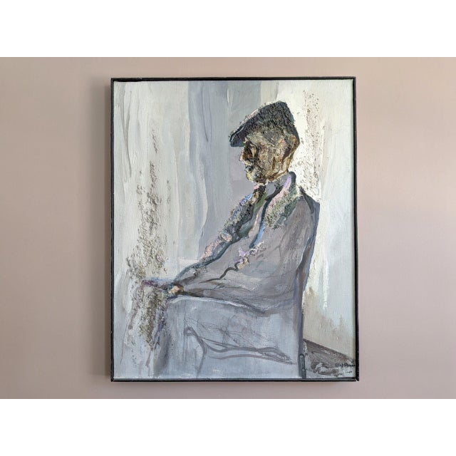 THE GENTLEMAN Size: 27.2 x 22 inches (including frame) Oil on canvas A contemplative and uniquely textured mid-century...