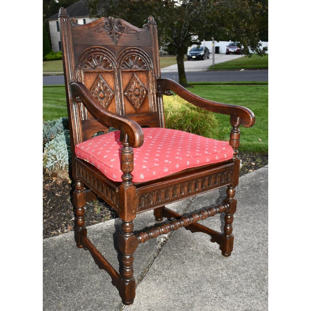 Antique Kittinger Solid Oak Carved Tudor Style Chair W/Pillow For Sale - Image 10 of 13