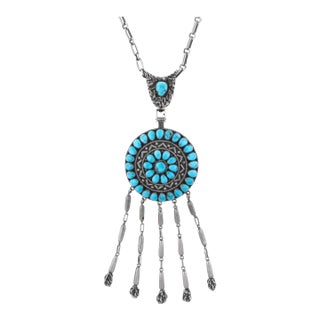 Vintage Zuni Mary & Lee Weebothee Morenci Turquoise Fringe Necklace Movable For Sale