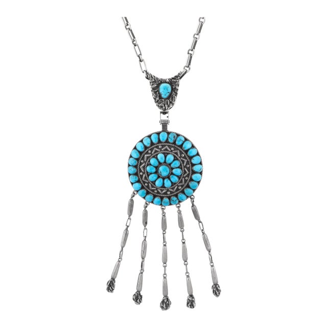 Vintage Zuni Mary & Lee Weebothee Morenci Turquoise Fringe Necklace Movable For Sale
