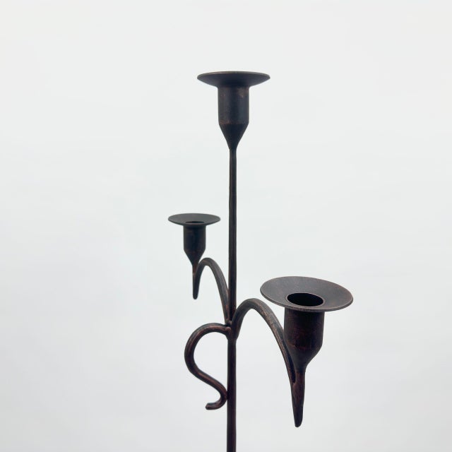 2020s Hand Forged Iron Floor Candelabra 49″ (125cm) Antique Copper Patina 3-Arm Slim Base Candle Holder Rustic Decor For Sale - Image 5 of 7