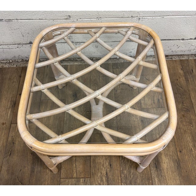 Wood Vintage MCM Style Organic Coastal Rattan Bamboo Glass End Table or Nightstand For Sale - Image 7 of 10
