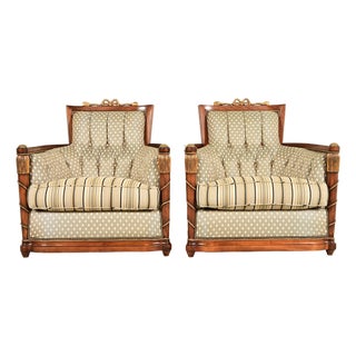 Grosfeld House French Regency Louis XVI Carved Walnut Bergere Armchairs, Pair For Sale