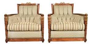 Grosfeld House French Regency Louis XVI Carved Walnut Bergere Armchairs, Pair