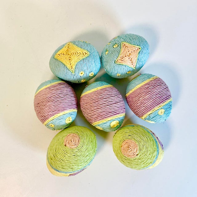Paper 1980s Vintage Boho Chic Arts & Crafts Paper Cord Wrapped Easter Eggs - Set of 7. For Sale - Image 7 of 10