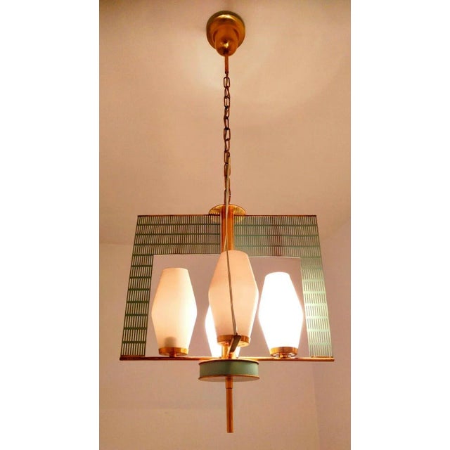 Metal Brass and Opal Glass Chandelier by Mathieu Matégot, 1960s For Sale - Image 7 of 8