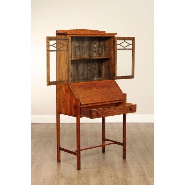 Mission Antique Arts and Crafts Oak Drop Front Secretary Desk For Sale - Image 3 of 12