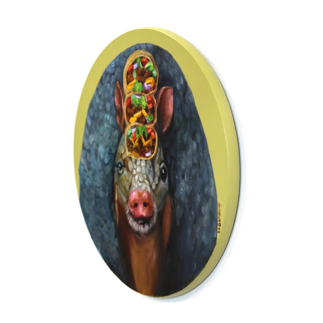 Contemporary Portrait of an Armadillo, Bearing Burritos - Original Surreal Animal Portrait Oil Painting on Wood Panel by Jj Galloway For Sale - Image 3 of 9