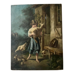 Little Girl With Lamb, Oil on Panel, 19th Century, France