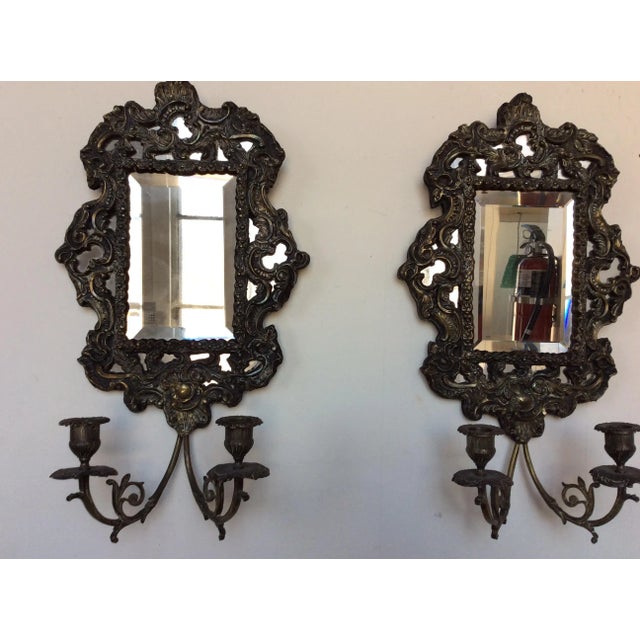 Antique Brass Repousse Mirror Candle Wall Sconces Pair Chairish