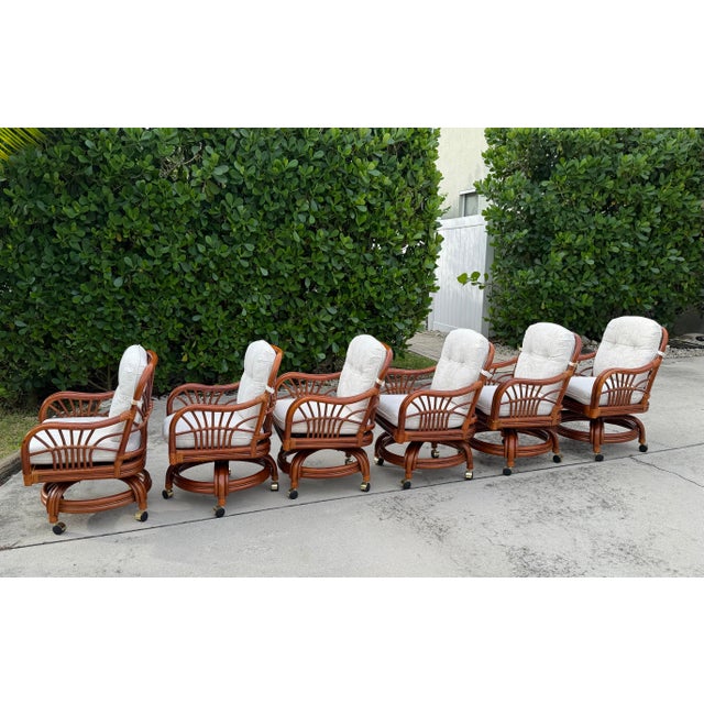 Vintage Sunburst Rattan Swivel Armchairs on Casters, Set of 6 For Sale - Image 4 of 18