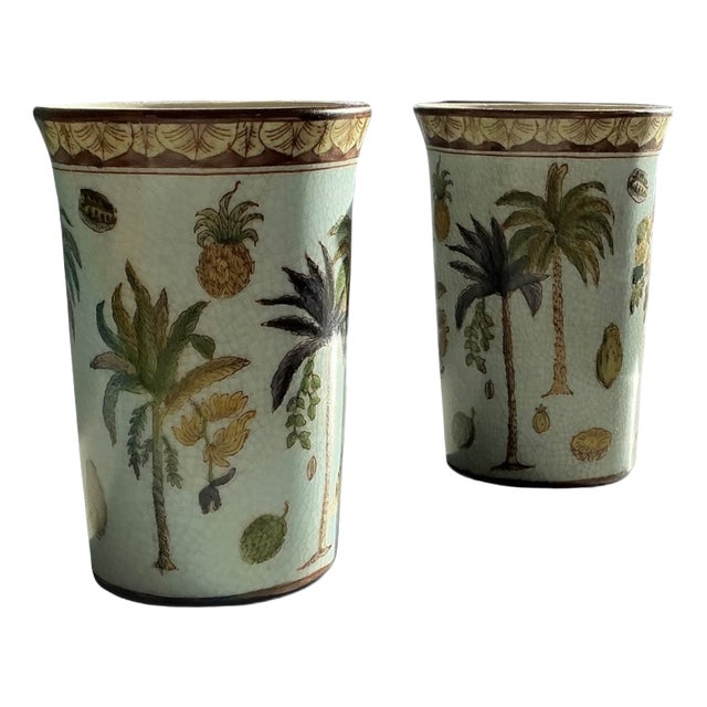 Late 20th Century Porcelain Cups with Palm Tree Motif from Fabienne Jouvin, France, Set of 2 For Sale