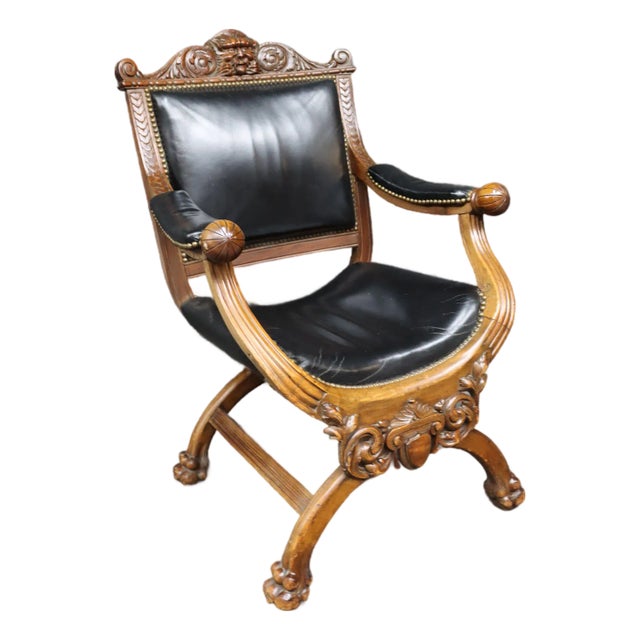 19th Century Renaissance Revival Walnut Savonarola X-Frame Armchair For Sale