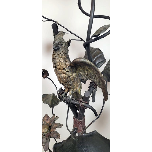 Metal Wrought Iron Floor Lamp with Leaves, Flowers, and Parrot, 1960s For Sale - Image 7 of 8