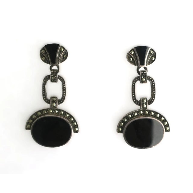 Late 20th Century Black Onyx Sterling Silver Art Deco Dangle Earrings, Pair, Pierced, Circa Late-20th Century For Sale - Image 5 of 12