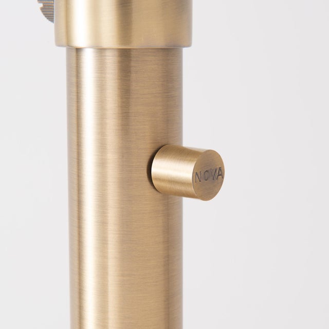 Nova of California Float Chairside Arc Floor Lamp - Weathered Brass Steel Base, Fleur Matte Black/Gold Tiered Shade, Dimmable Sculptural Cantilever For Sale In Los Angeles - Image 6 of 8