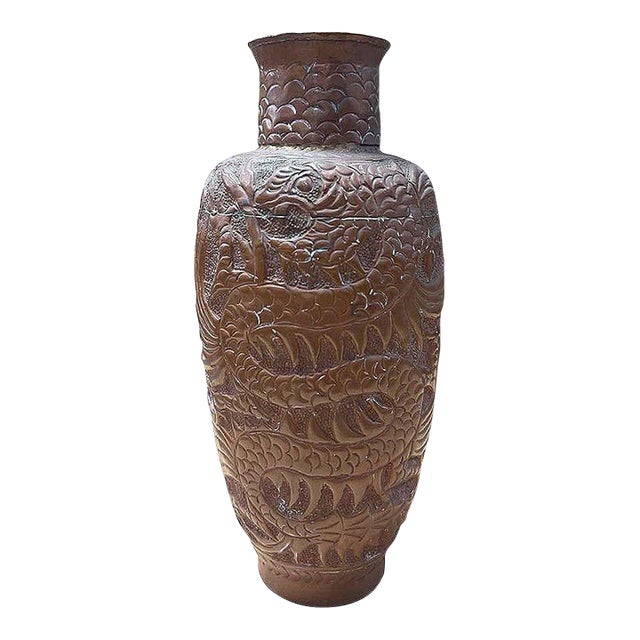 Heavy Cast Art Deco Copper Chinese Dragon Vase For Sale