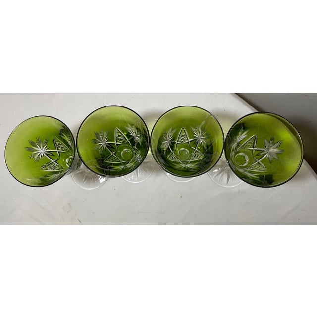 Green 1970s 4 Hand Cut to Clear Crystal Green Glass Cordials Wine Champagne Glasses Goblet For Sale - Image 8 of 12