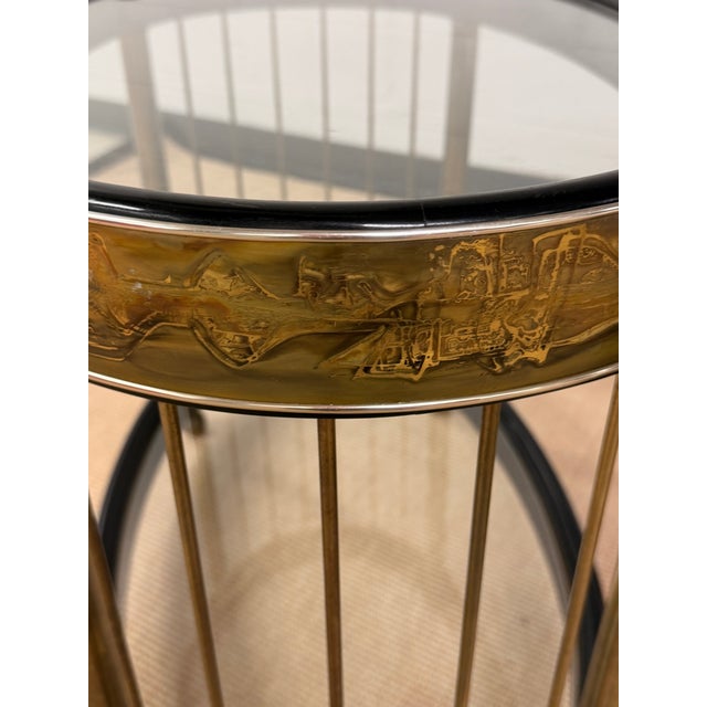 1970's Pair of Acid Etched Brass Side Tables Attributed to Bernhard Rohne for Mastercraft, a Pair For Sale - Image 12 of 16