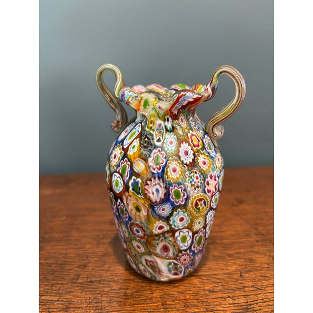 Gold Fratelli Toso Murano Millefiori Double Handled Glass Vases- A Pair For Sale - Image 8 of 10