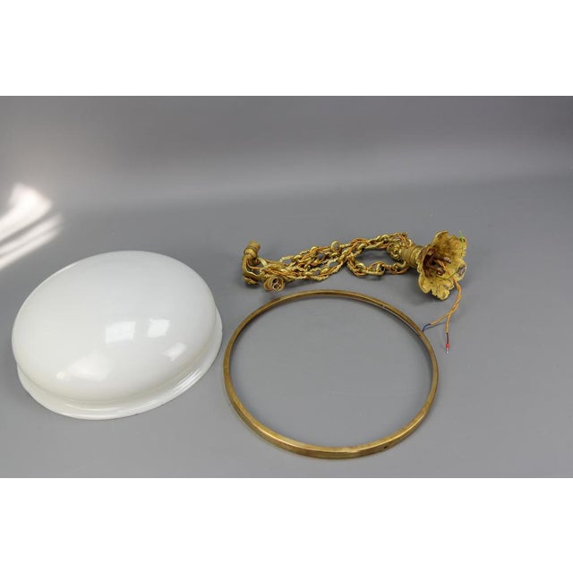 French White Glass, Brass and Bronze Pendant Chandelier, 1920s For Sale - Image 18 of 18