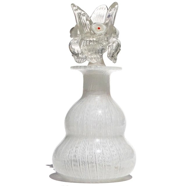 Mid-Century Modern Murano White Zanfirico Ribbons Flower Top Stopper Italian Art Glass Vintage Decorative Vanity Bottle For Sale - Image 3 of 8