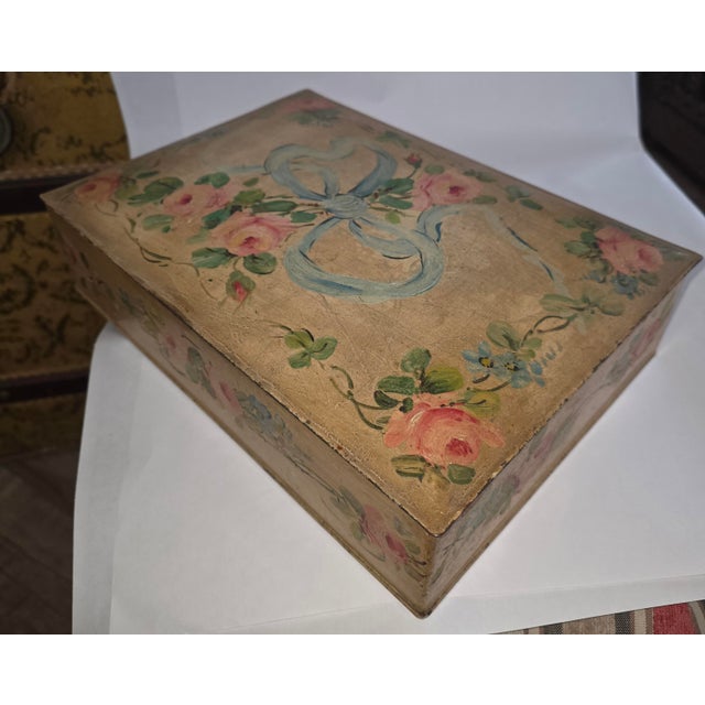 Shabby Chic Hand Painted Tole Storage Box With Roses and a Bow For Sale - Image 3 of 8