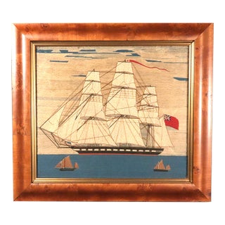 Sailor's Woolwork of Royal Navy Ship With Red Ensign With Two Bermudan Ketches For Sale
