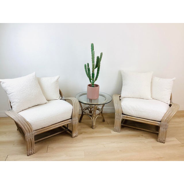 Vintage Pair of McGuire Rattan Lounge Chairs made of rattan oversized design 4 strands of rattan at arms rounded backs...