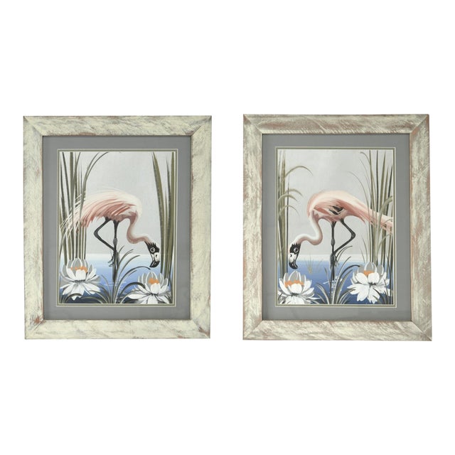 Pair of Vintage Flamingo Paintings For Sale
