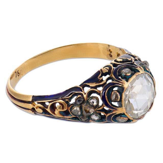19th Century Victorian Rose Cut Diamond 18k Yellow Gold Enamel Engagement Ring, Size 7 For Sale - Image 4 of 6