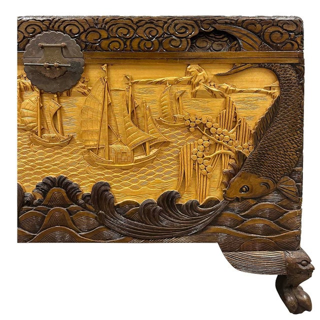 Early 20th Century Chinese Carved Camphor Wood Hope Chest For Sale - Image 4 of 16
