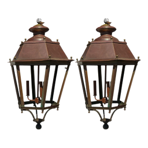 Mid-Century French Large Scale Hexagon Copper / Cast Iron & Brass Three Light Lanterns - Pair